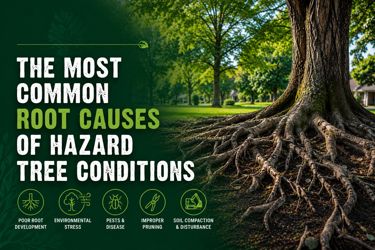 Infographic of common hazard tree conditions showing exposed tree roots and key causes including poor root development, environmental stress, pests, improper pruning, and soil compaction.